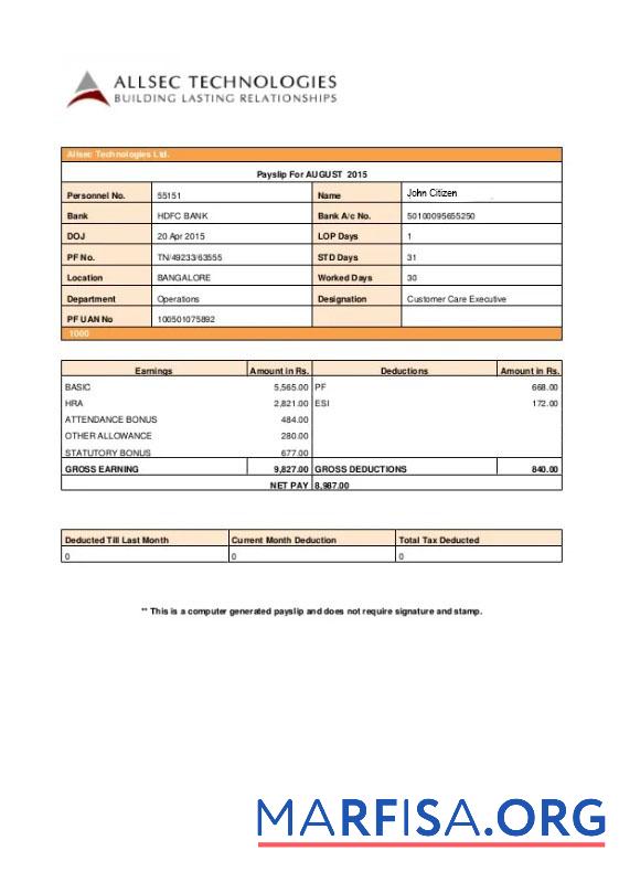 Printable Allsec Building technologies payslip download for verification